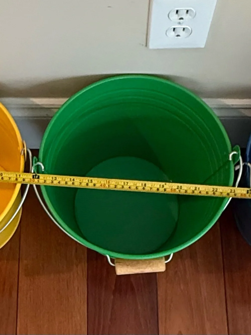 IKEA Yellow, Green, and Blue Metal Buckets with Wooden Handles